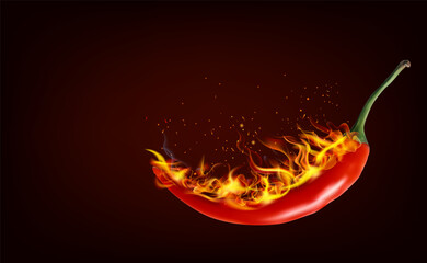 Spicy red chilli Hot and flame isolated on the dark background