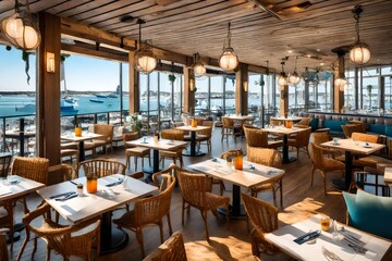 an inviting, coastal-themed restaurant with seaside views, nautical decor, and fresh seafood on the menu.