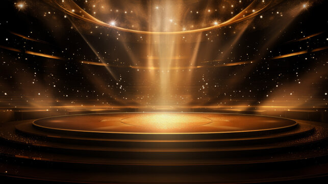 Golden stage as circles with 3d effect background with glitters and spotlights on black background