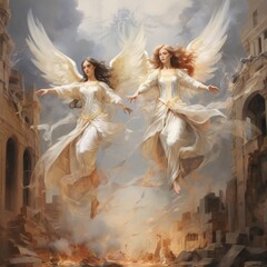 two women in white dresses with wings flying in air