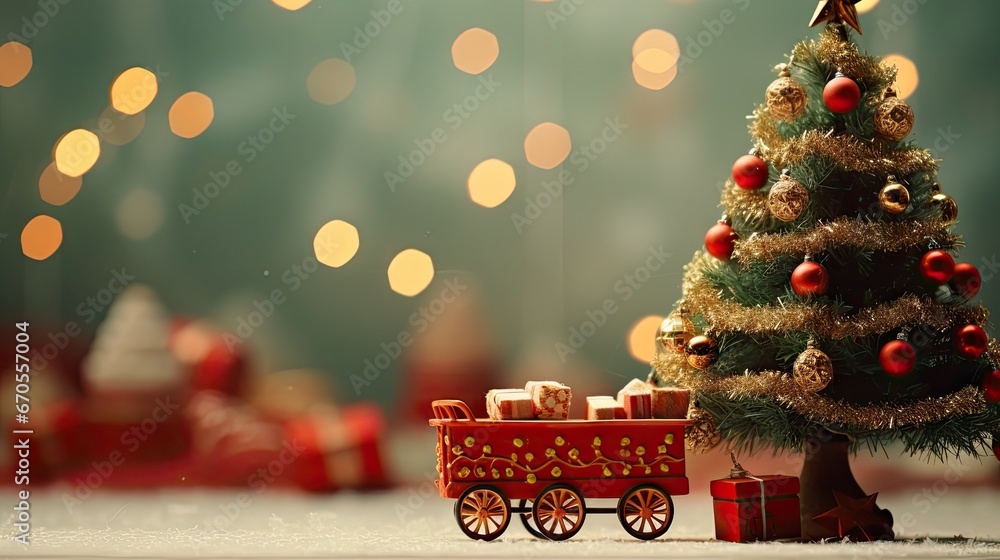 Poster a small christmas tree next to a red wagon with presents on it and a lit christmas tree in the backg