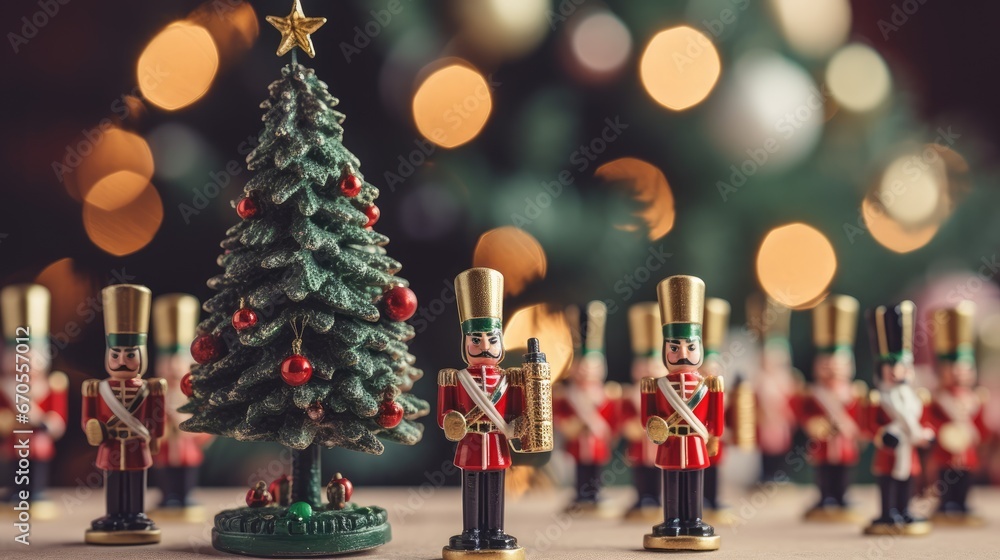 Poster a group of toy soldiers standing in front of a christmas tree with a star on the top of the tree. ge