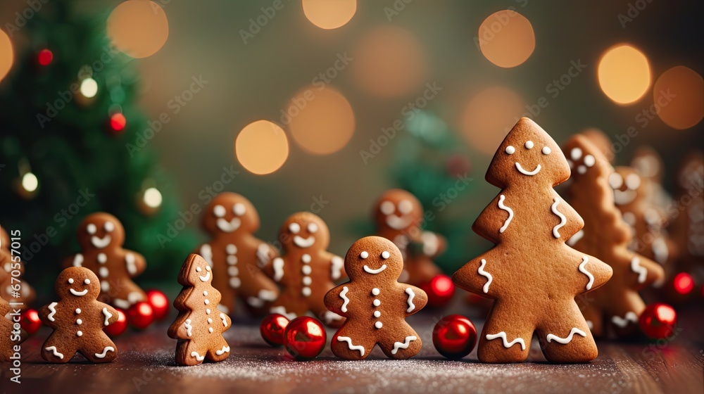 Aufkleber a close up of a group of small gingerbreads on a table with a christmas tree in the background. gene