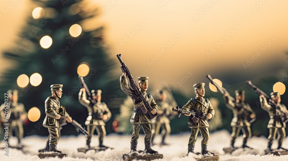 Poster a group of toy soldiers standing next to each other in front of a christmas tree with a lit up chris
