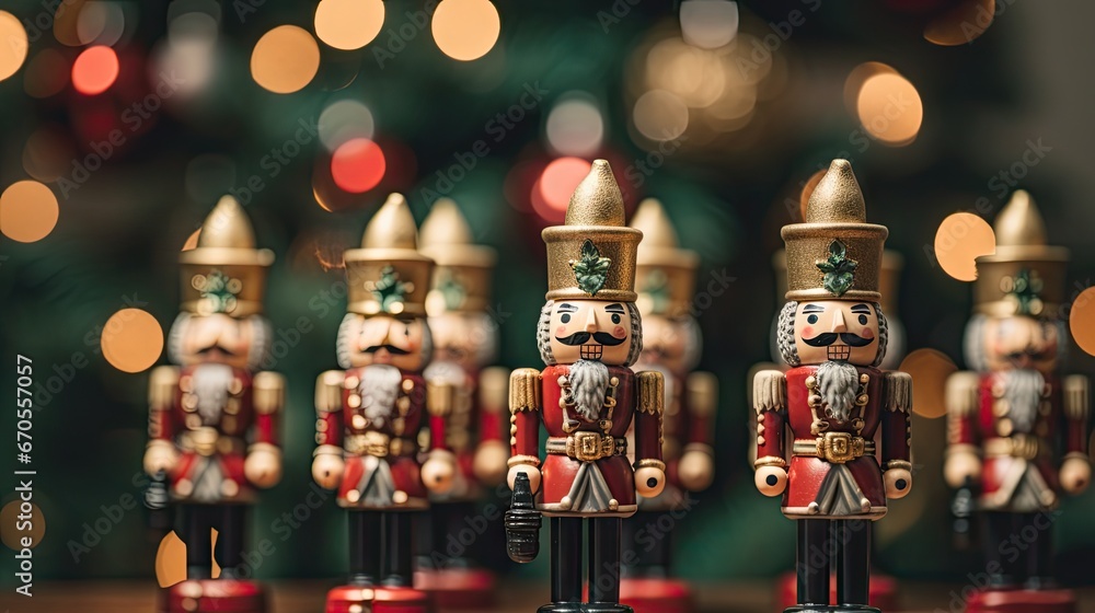 Poster  a group of nutcrackers sitting on top of a table next to a christmas tree with lights in the background.  generative ai