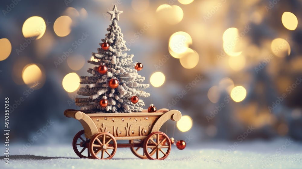 Poster a small wooden cart with a christmas tree on top of it in the middle of a snowy field with lights in