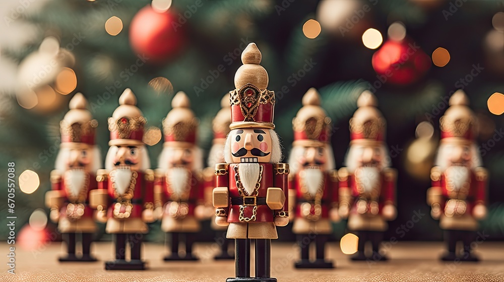 Aufkleber a group of nutcrackers sitting on a table next to a christmas tree with lights in the background. ge