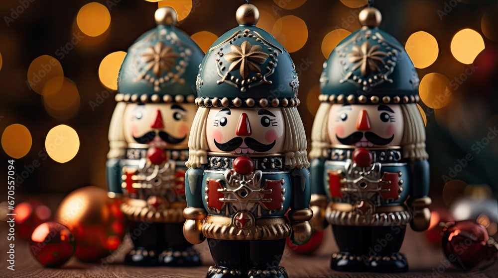 Poster a group of nutcrackers sitting on top of a table next to a christmas tree with lights in the backgro