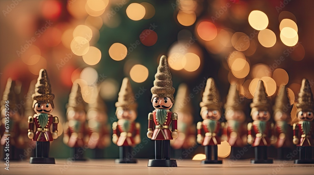 Aufkleber a group of nutcrackers sitting on top of a table next to a christmas tree with lights in the backgro