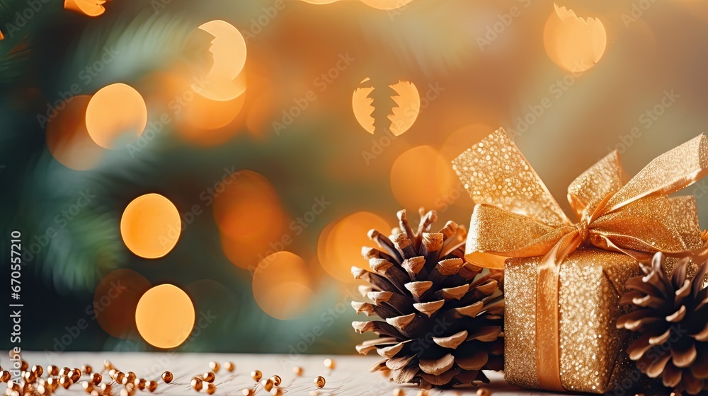 Aufkleber a pine cone wrapped in a gold ribbon next to a pine cone with a gold bow on top of it. generative ai