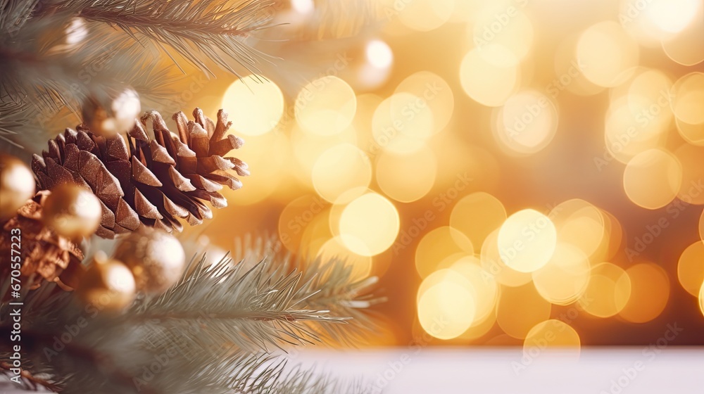 Poster a close up of a pine cone on a pine tree with a blurry background of lights in the background. gener