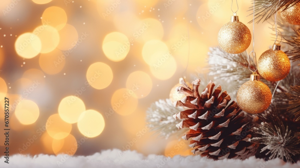 Poster a close up of a pine cone and a pine cone on a snowy surface with a boke of lights in the background