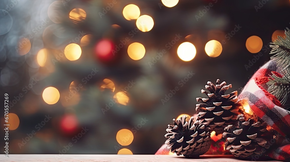 Poster a close up of a pine cone on a table with a christmas tree in the background and lights in the foreg