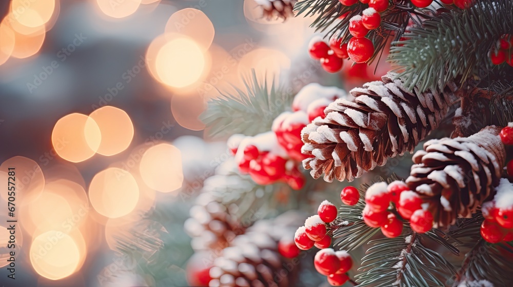 Poster a close up of a pine cone on a christmas tree with red berries and a blurry boke of lights in the ba