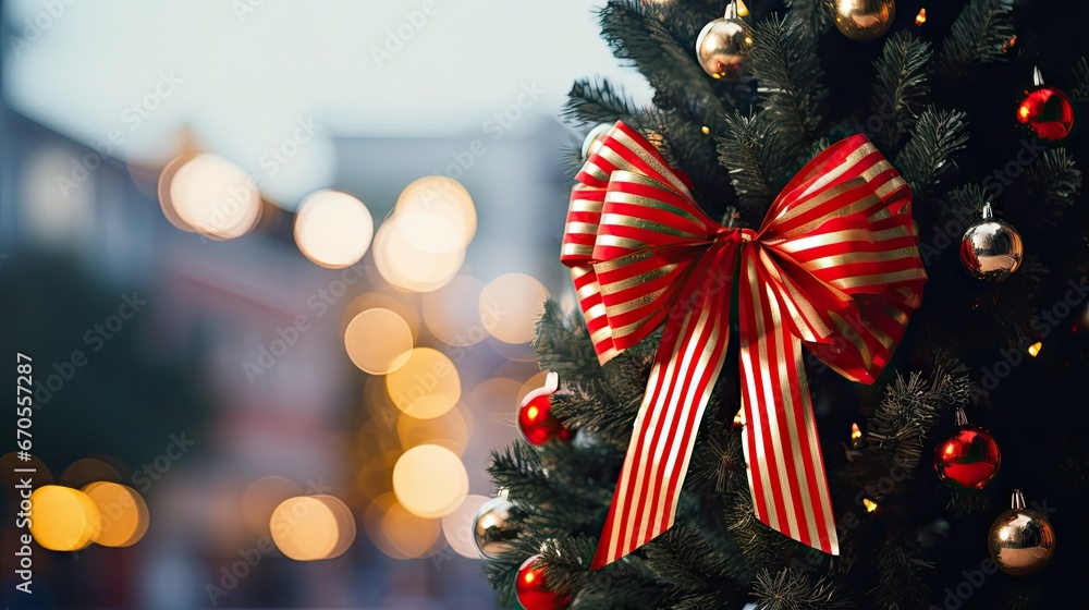 Poster a close up of a christmas tree with a red and white bow hanging from it's side and lights in the bac