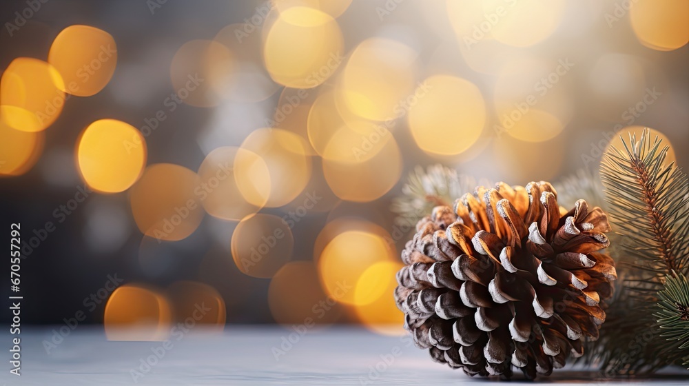 Poster a pine cone sitting on top of a table next to a pine cone on top of a pine tree branch. generative a