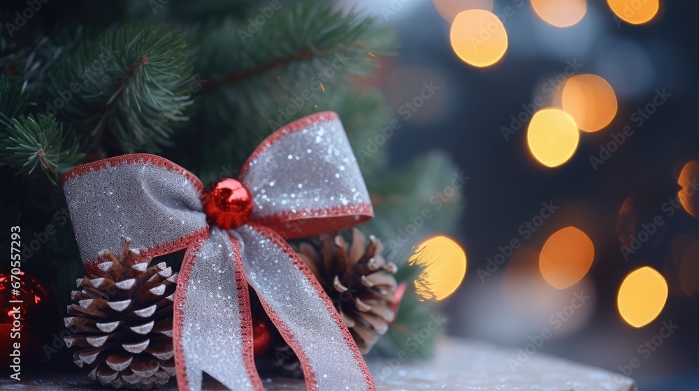 Poster a close up of a pine cone on a table with a ribbon and a christmas ornament on it. generative ai