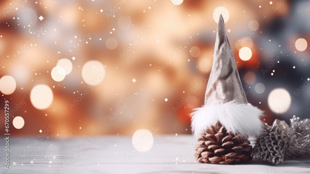 Poster a close up of a pine cone with a santa's hat on it and a pine cone with a feather on it. generative 