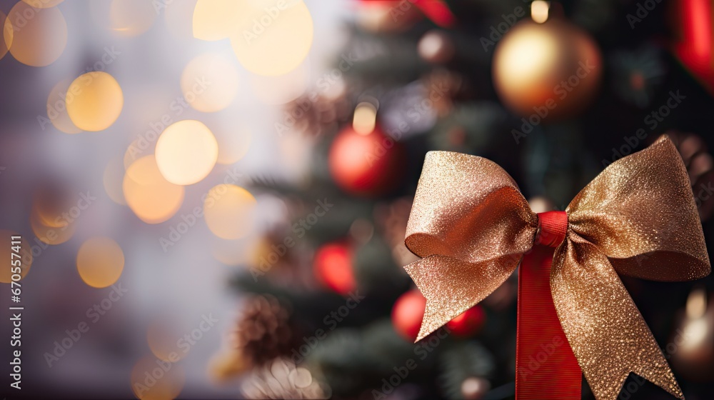 Poster a close up of a christmas tree with a red ribbon and a gold bow on the top of the tree. generative a