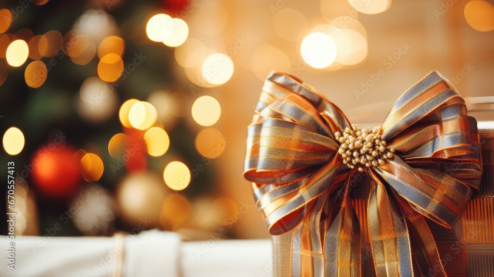Poster a close up of a present box with a ribbon on it and a christmas tree in the background with lights i
