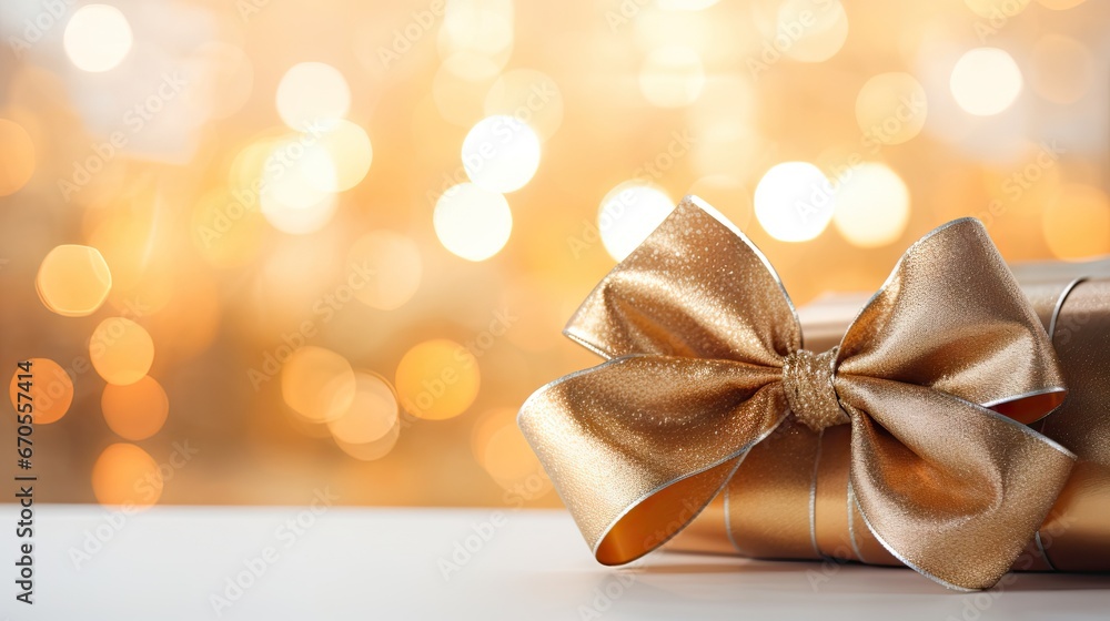 Aufkleber a close up of a present wrapped in gold paper with a large bow on it's side, sitting on a table with