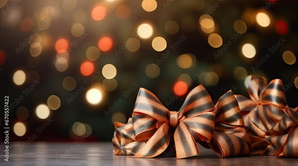 Poster a close up of a bow on a table with a christmas tree in the backgrouf of the picture. generative ai