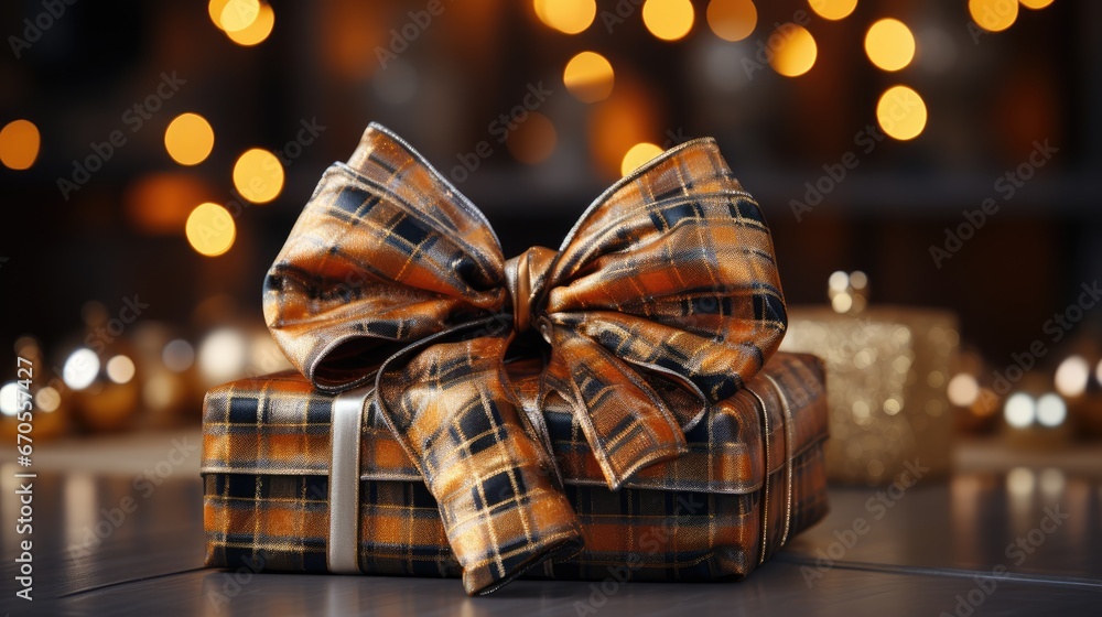 Poster  a close up of a present wrapped in a plaid ribbon and tied with a bow on a table with lights in the background.  generative ai