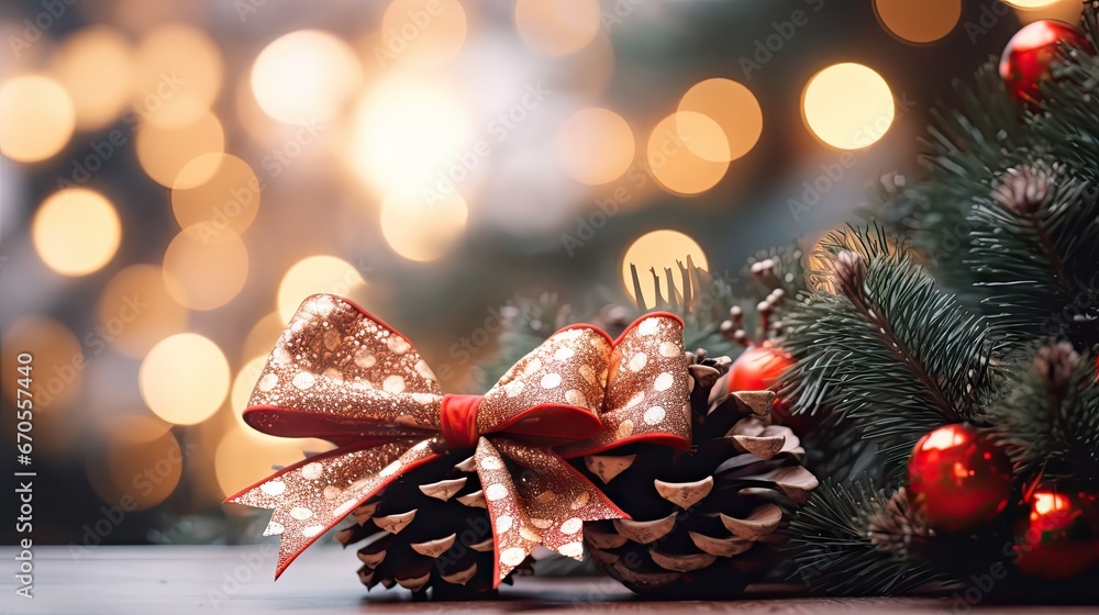 Poster a pine cone with a bow on top of it next to a pine cone with a fork sticking out of it. generative a