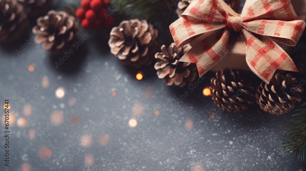 Poster a close up of a bow and pine cones on a table with a christmas decoration on the side of it. generat
