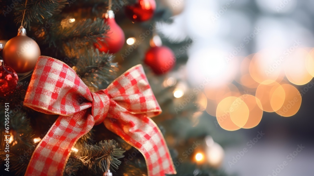 Poster a close up of a christmas tree with a red and white checkerboard bow on it's ribbon. generative ai