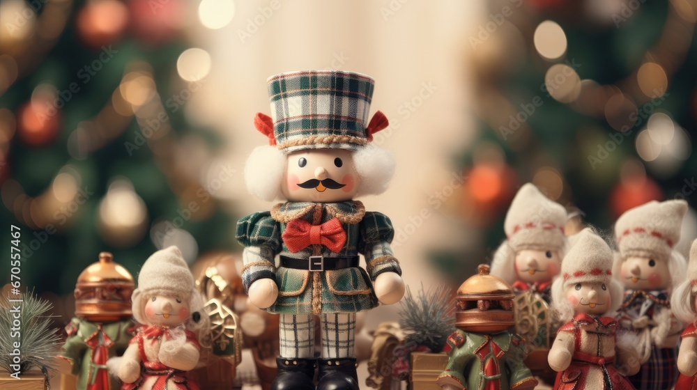Poster a nutcracker is standing in front of a group of other nutcrackers in front of a christmas tree. gene