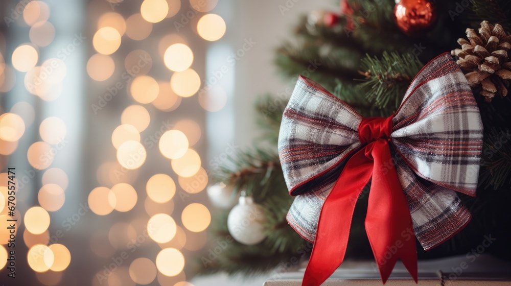 Poster a close up of a christmas tree with a red ribbon on it and a pine cone on top of it. generative ai