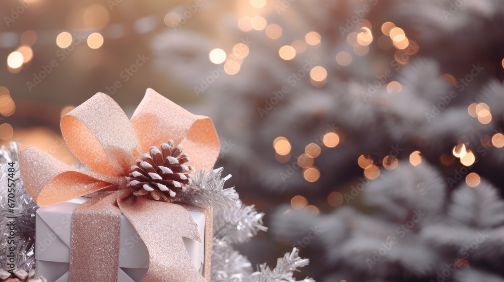 Poster a present box with a pine cone on top of it next to a christmas tree with lights in the background. 