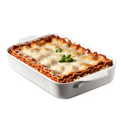 Lasagna in baking dish isolated, png