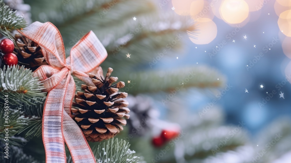Poster a close up of a pine cone on a christmas tree with a red ribbon and a baube of snowflakes in the bac