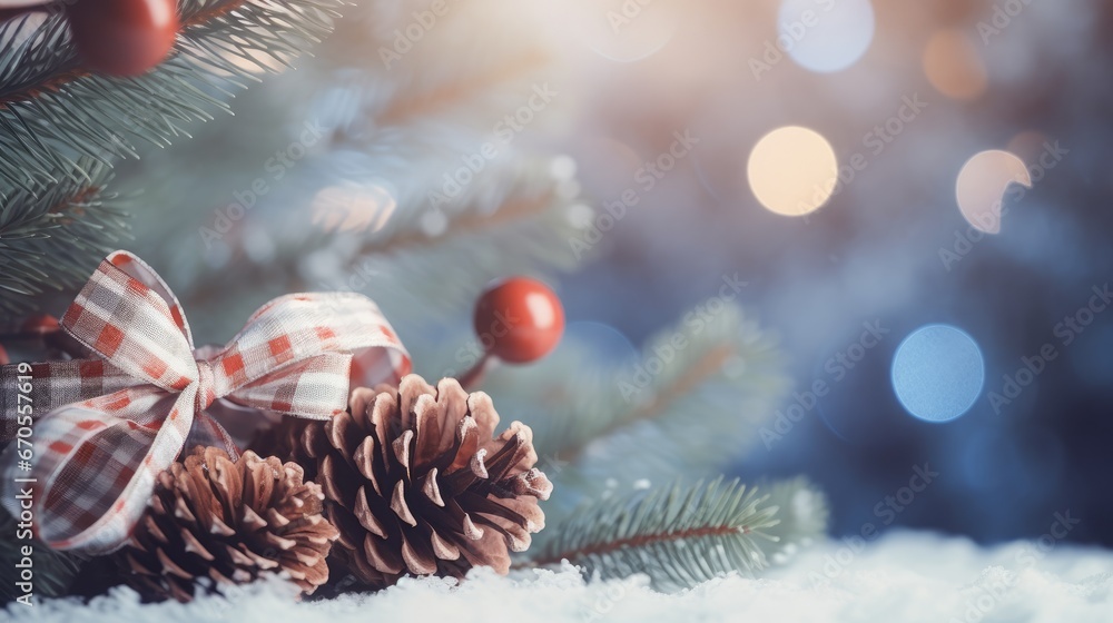 Poster a pine cone with a bow on top of it next to a pine cone with a bow on top of it. generative ai