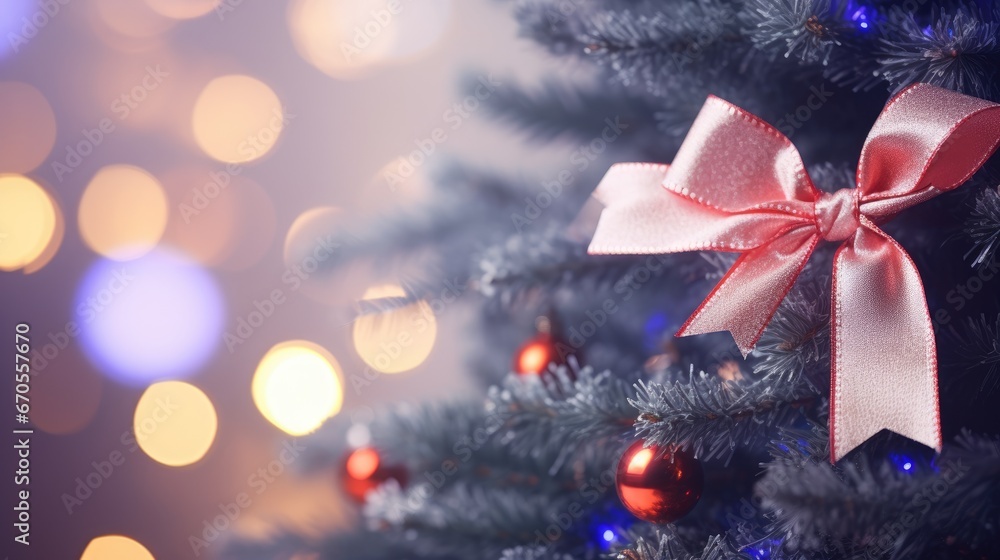 Poster a close up of a christmas tree with a red bow on it's ribbon and lights in the background. generativ