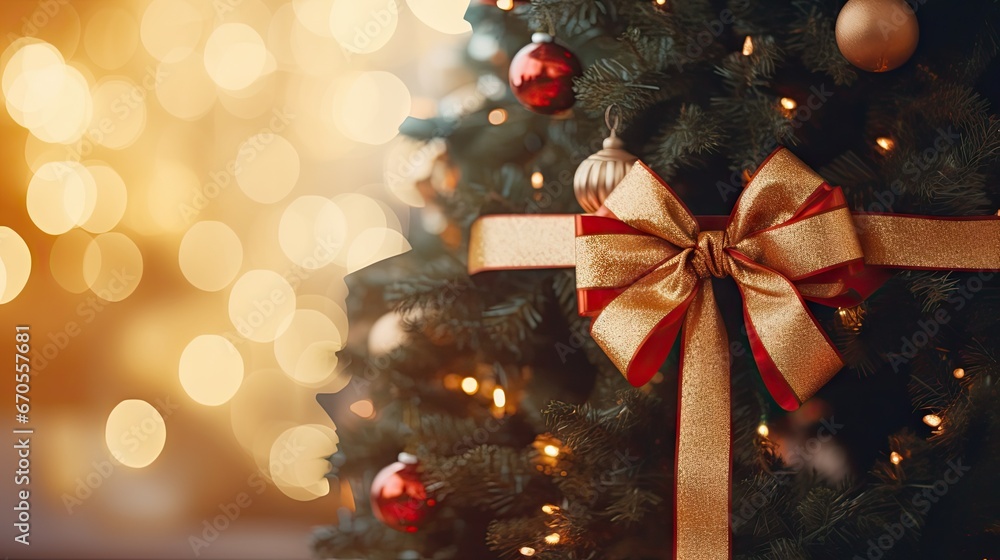 Poster a close up of a christmas tree with a red and gold ribbon and a bow on the top of it. generative ai