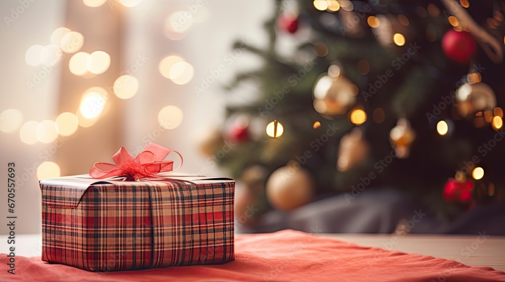 Poster a wrapped present sitting on a table in front of a christmas tree with a lit up christmas tree in th
