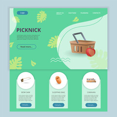 Naklejka premium Picknick flat landing page website template. Bow saw, sleeping bag, caravan. Web banner with header, content and footer. Vector illustration.