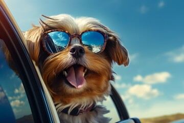Joyful Pooch Enjoying the Car Ride, Gazing out the Window Cute happy dog looking out of car window