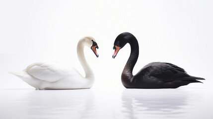 A white and a black swan on a white background