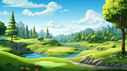 A golf course created in the style of cartoons - obrazy, fototapety, plakaty