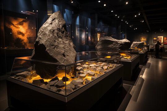 a meteorite-themed museum exhibition, showcasing a diverse range of meteorites and their stories.