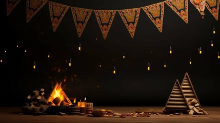 3D Render Of Lohri Festival Elements With Bunting Flags Decorated On Black Background And Copy Space