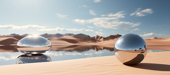 Product display on surreal desert panorama background. Podium showcase on sand dunes, water, chrome object sphere. Empty space