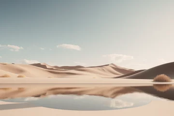 Fotobehang Fantasie landschap Product display on surreal desert background. Podium showcase on sand dunes, water lake. Empty space