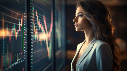 Beautiful businesswoman looking at glowing forex chart on monitor screen, Trade concept. - obrazy, fototapety, plakaty