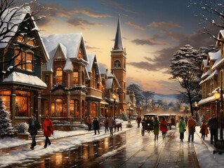 Fototapeta na wymiar Painting of Christmas and White Winter Day