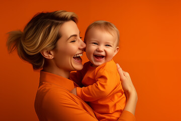 Le portrait d'une femme heuseuse et souriante tenant son enfant dans les bras, sur un fond isolé de couleur orange. - obrazy, fototapety, plakaty